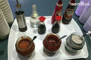 bbq, tomato, sesame oil, soy, chilli, sweet chilli, soybean, salt & pepper, mayonnaise, and vinegar.